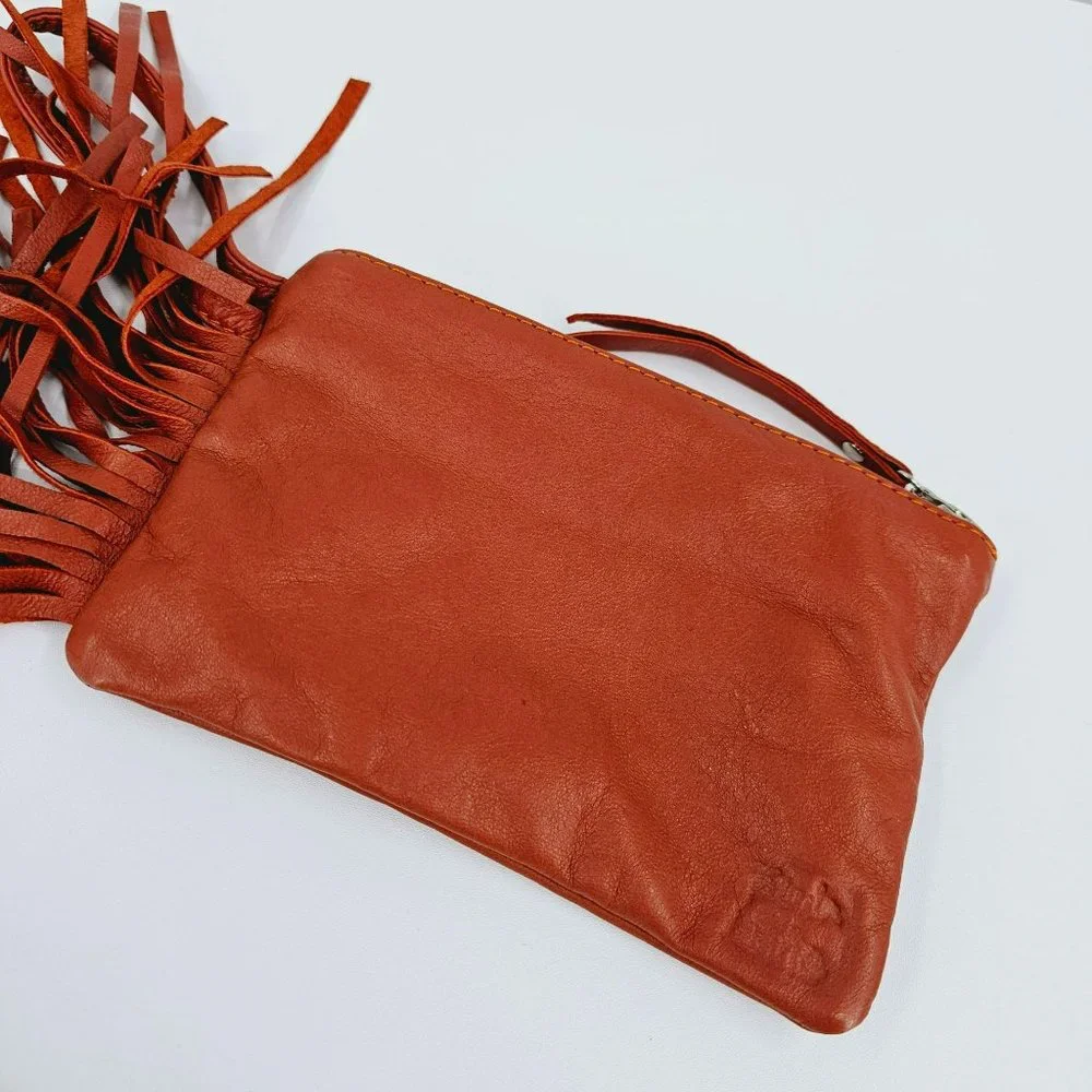 Talula De La Lune Leather Wristlet Camel Brown Fringe Trim Pink Zip Top Plaid